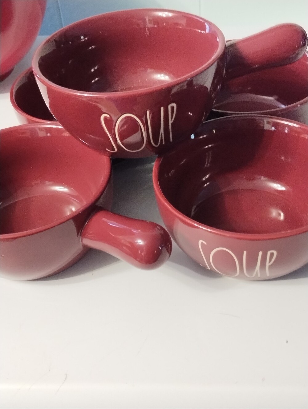 New ( 5) Rae Dunn Burgundy "Soup" Bowls with Handle